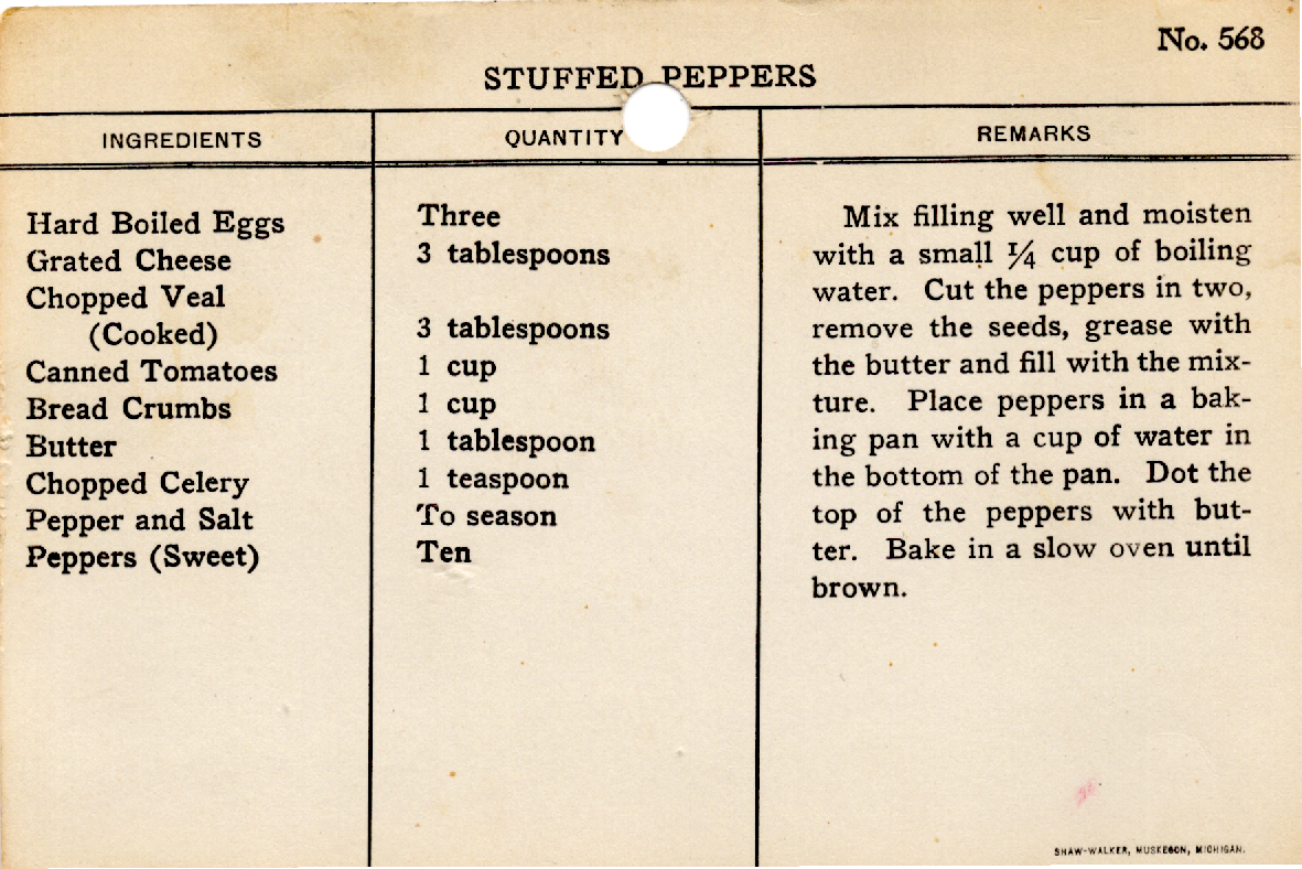 Original recipe card for Stuffed Peppers