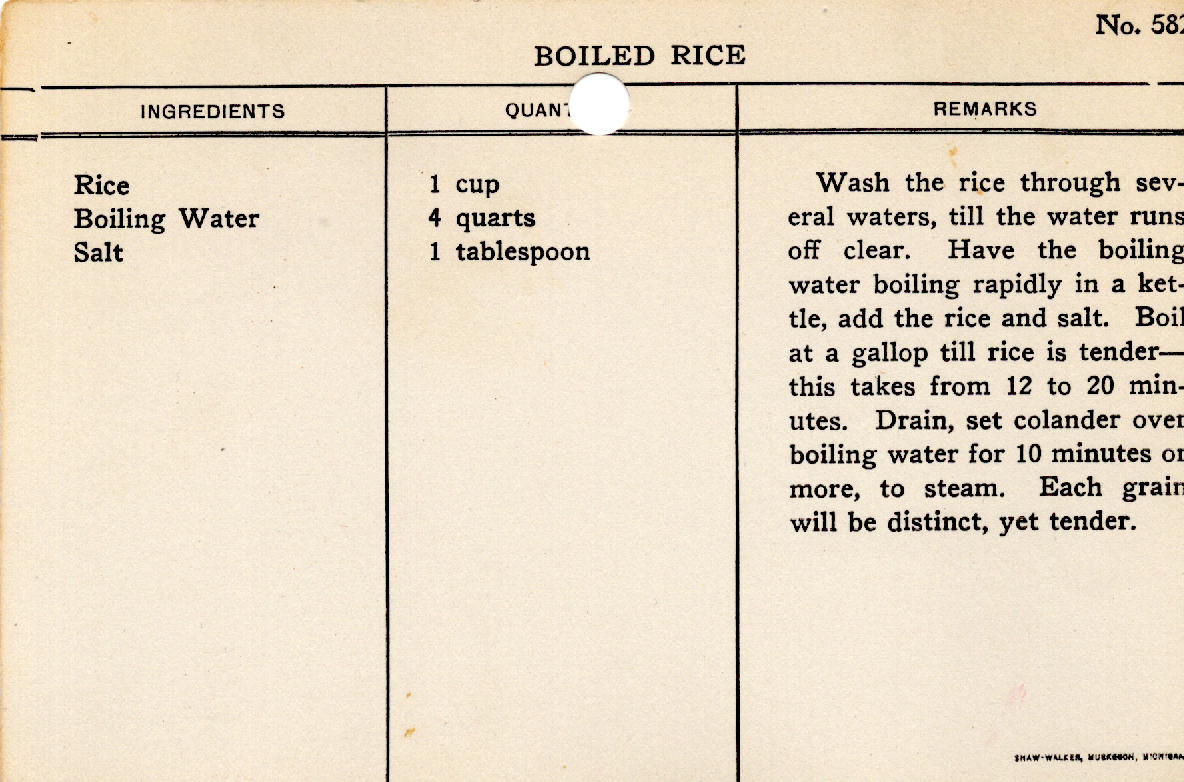 Original recipe card for Boiled Rice