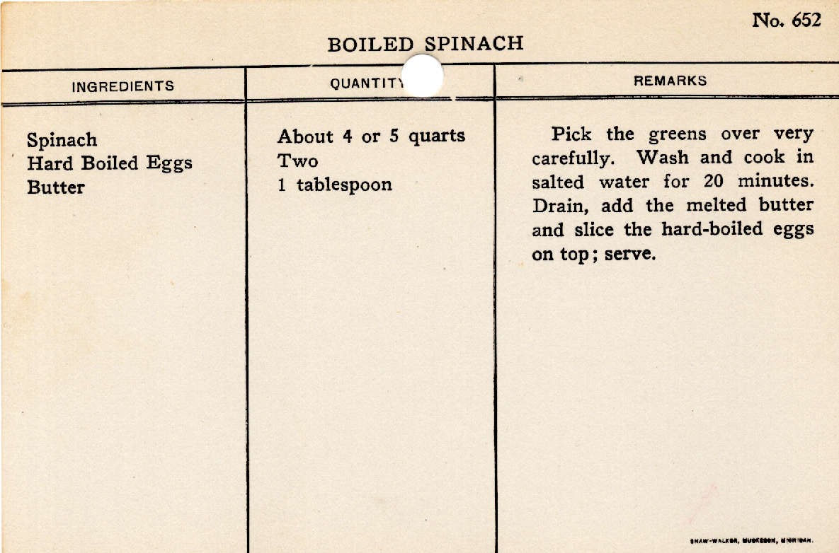 Original recipe card for Boiled Spinach