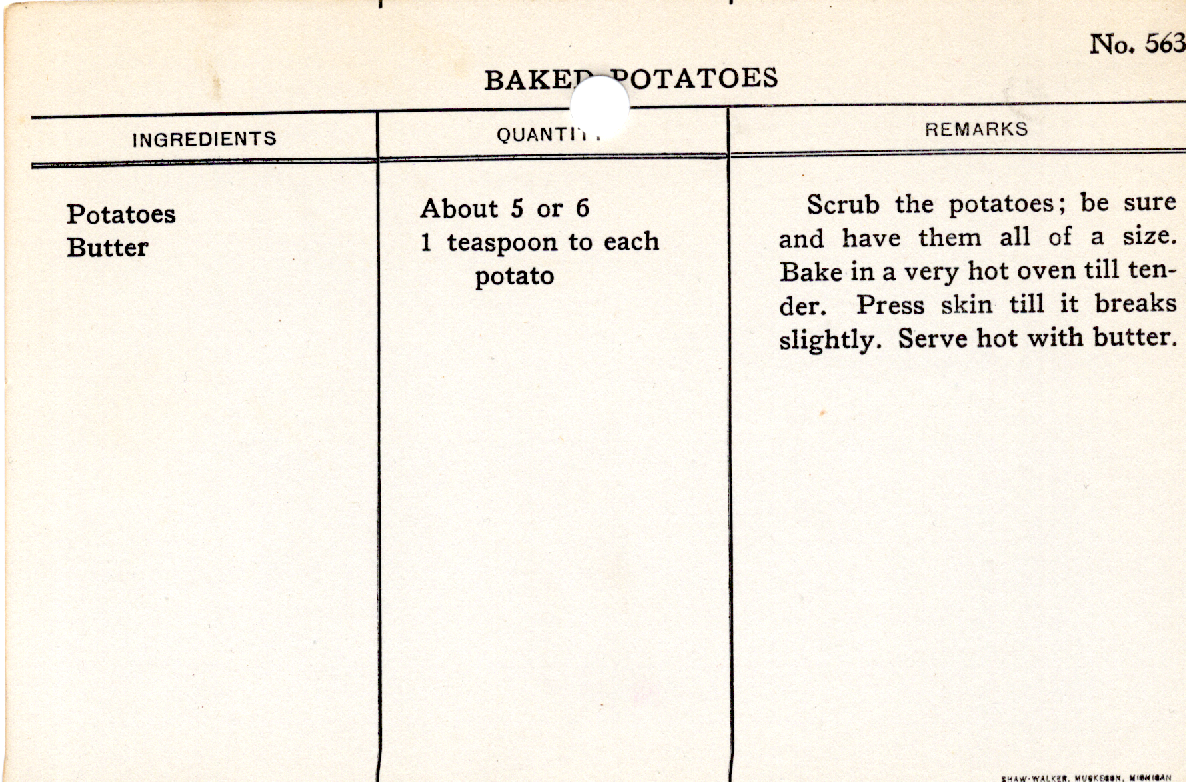 Original recipe card for Baked Potatoes