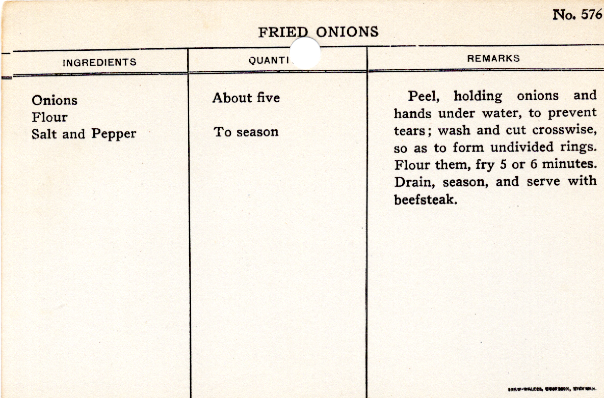 Original recipe card for Fried Onions