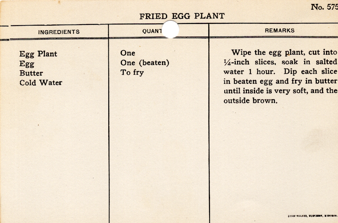 Original recipe card for Fried Egg Plant