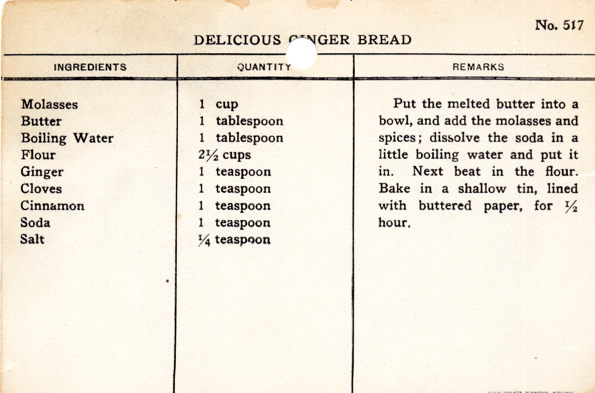 Original recipe card for Delicious Ginger Bread