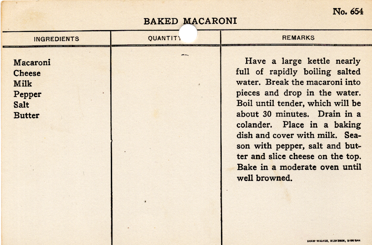 Original recipe card for Baked Macaroni