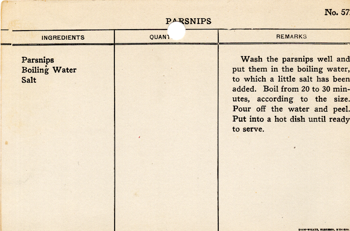 Original recipe card for Parsnips