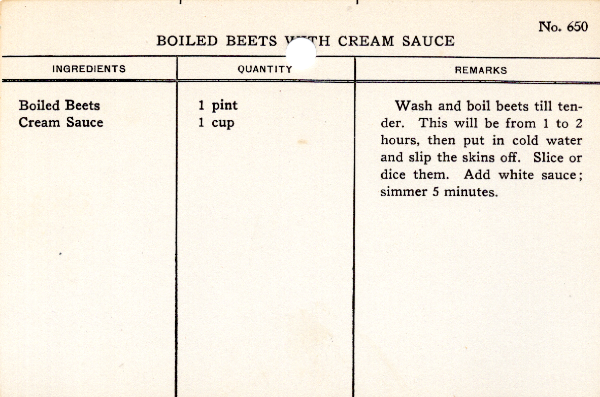 Original recipe card for Boiled Beets with Cream Sauce