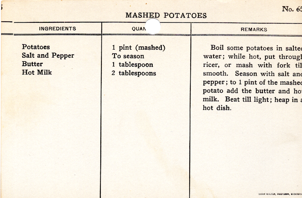 Original recipe card for Mashed Potatoes
