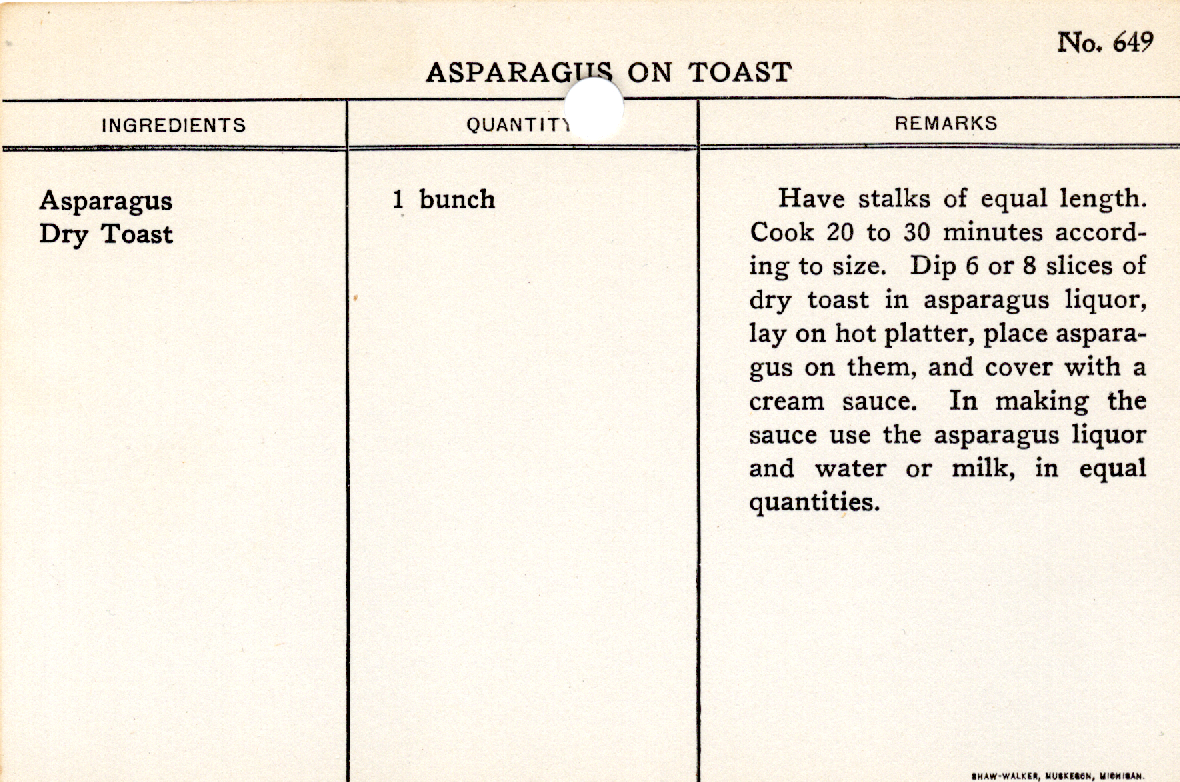 Original recipe card for Asparagus on Toast