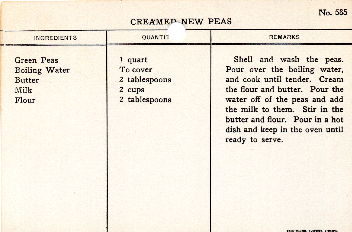 Original recipe card for Creamed New Peas