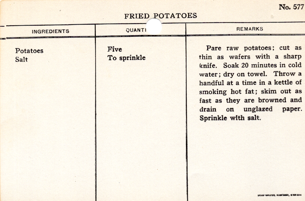 Original recipe card for Fried Potatoes