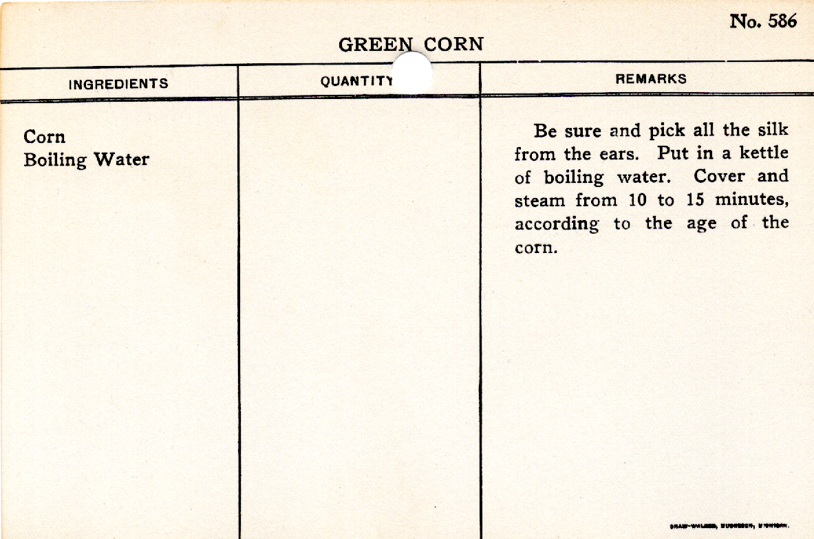 Original recipe card for Green Corn