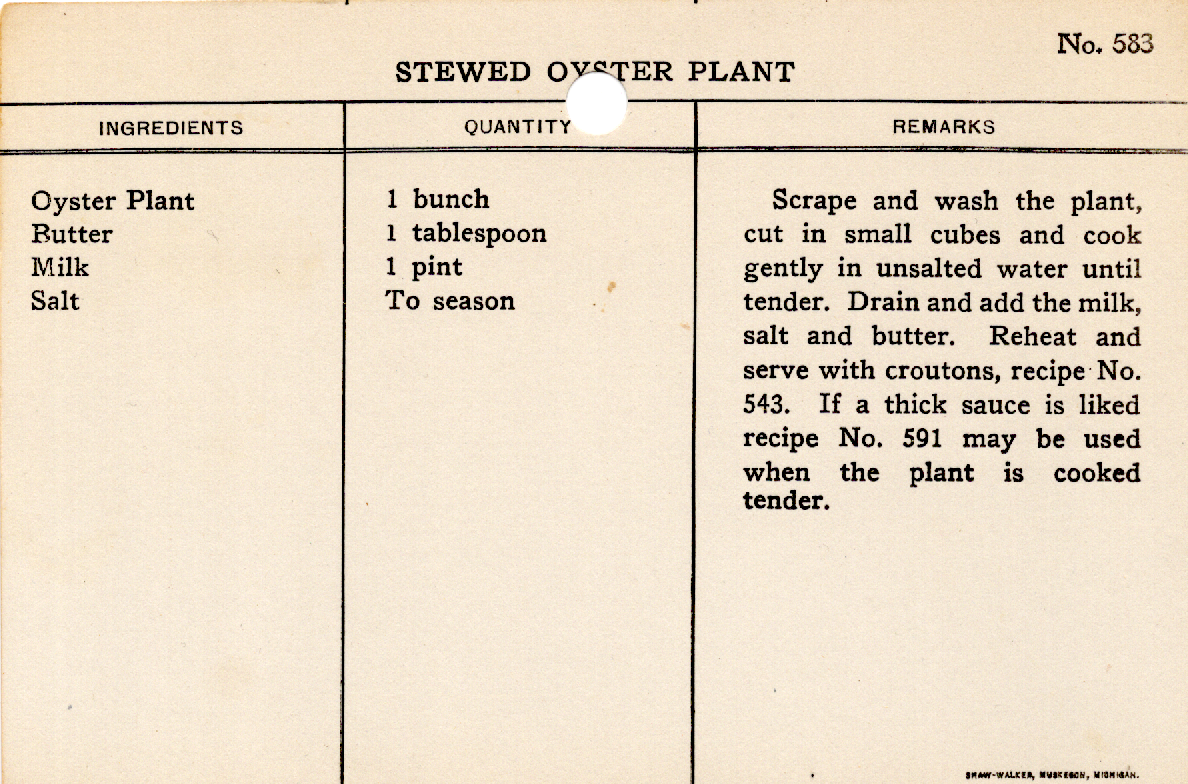 Original recipe card for Stewed Oyster Plant
