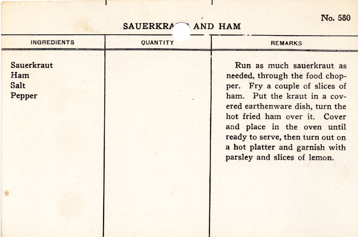 Original recipe card for Sauerkraut and Ham
