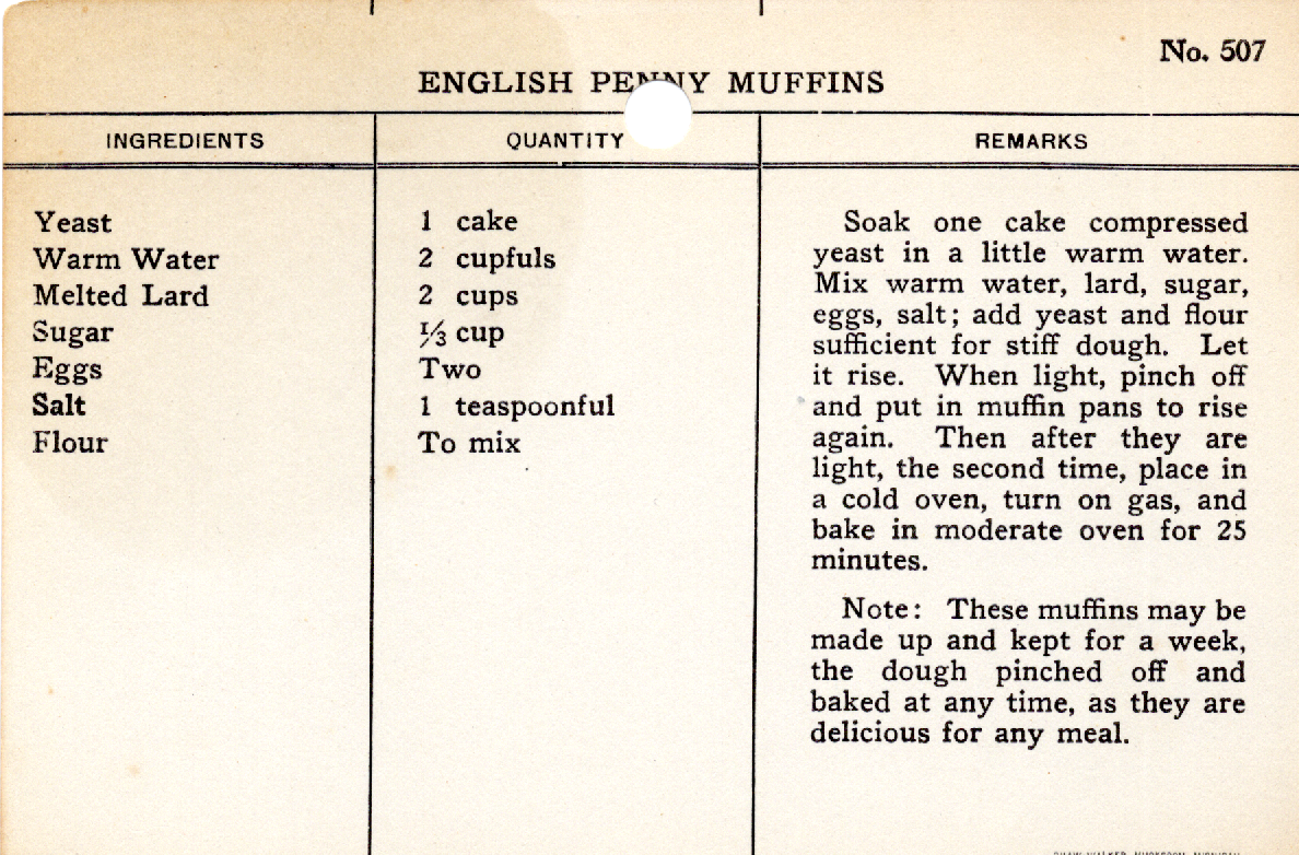 Original recipe card for English Penny Muffins