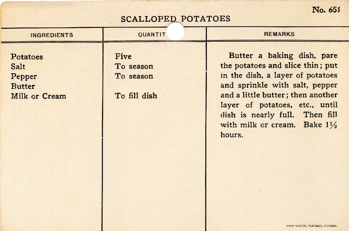 Original recipe card for Scalloped Potatoes