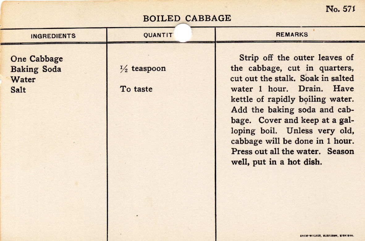 Original recipe card for Boiled Cabbage