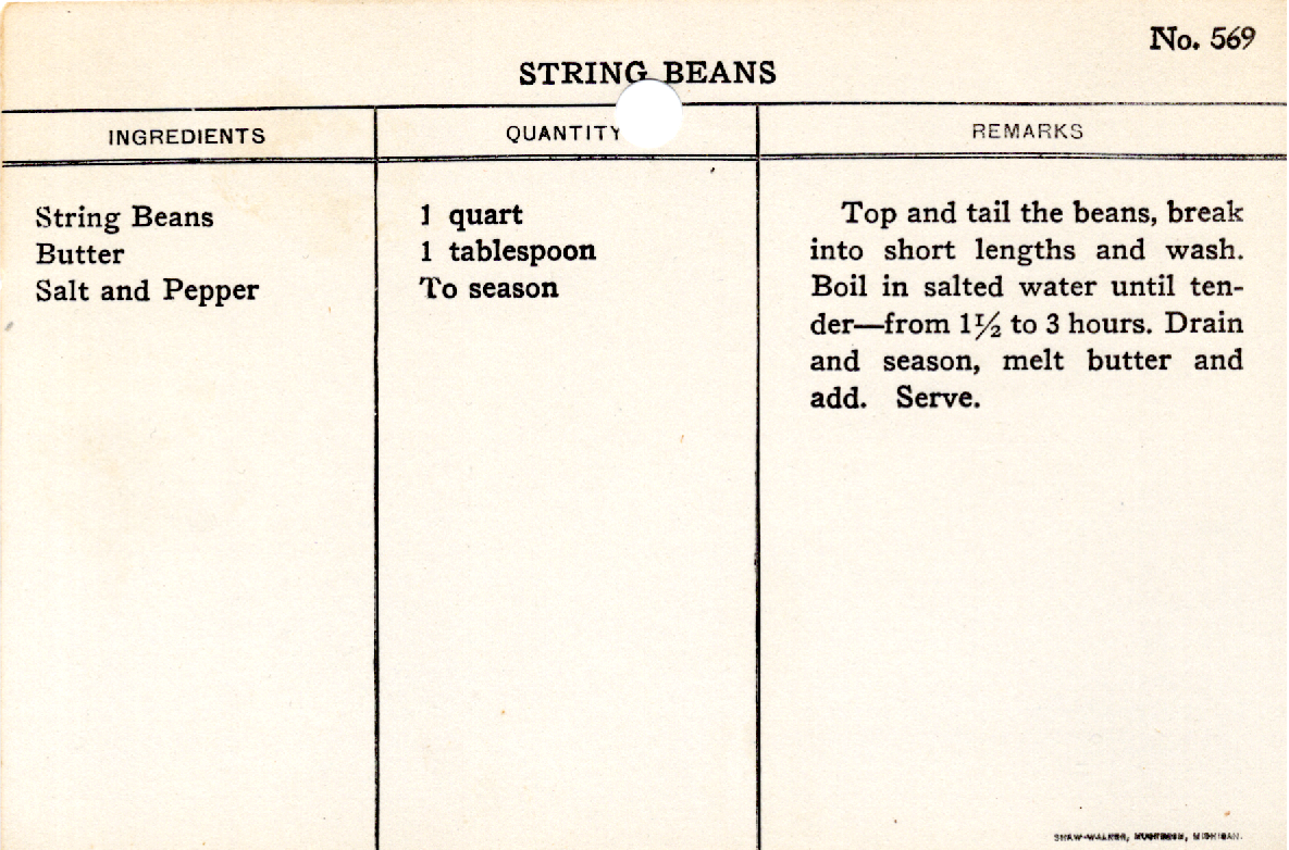 Original recipe card for String Beans