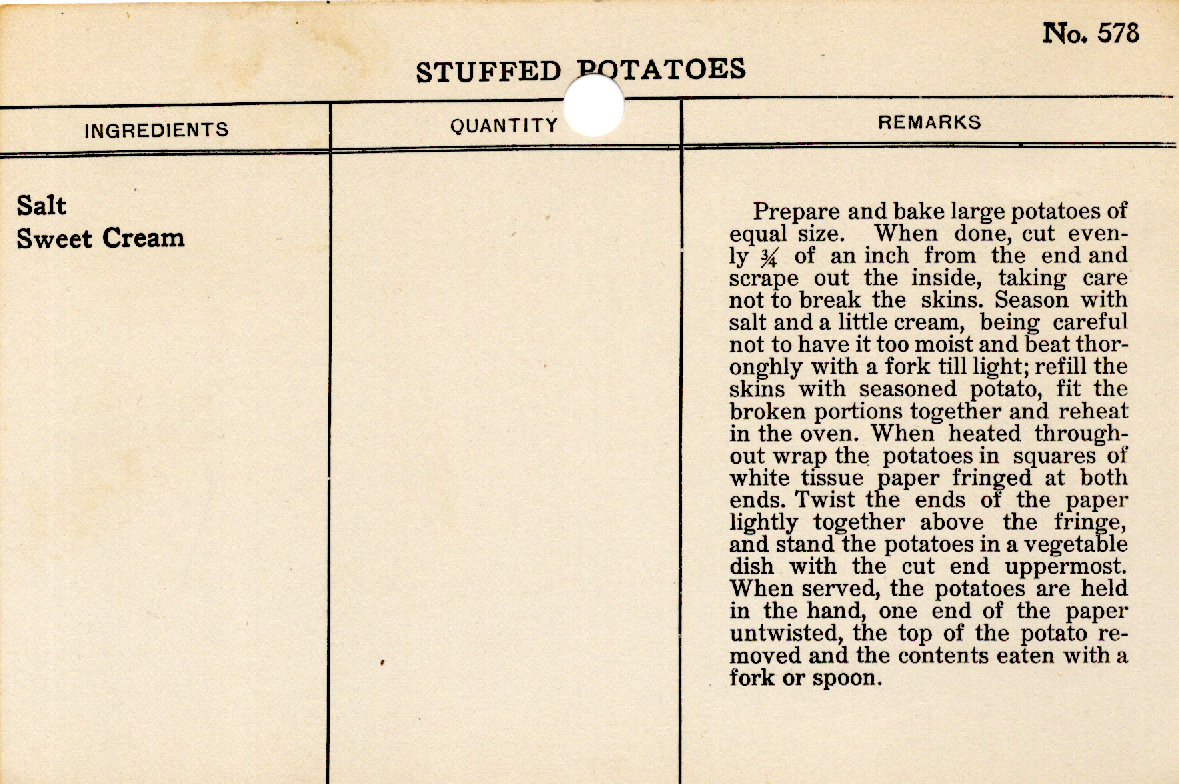 Original recipe card for Stuffed Potatoes