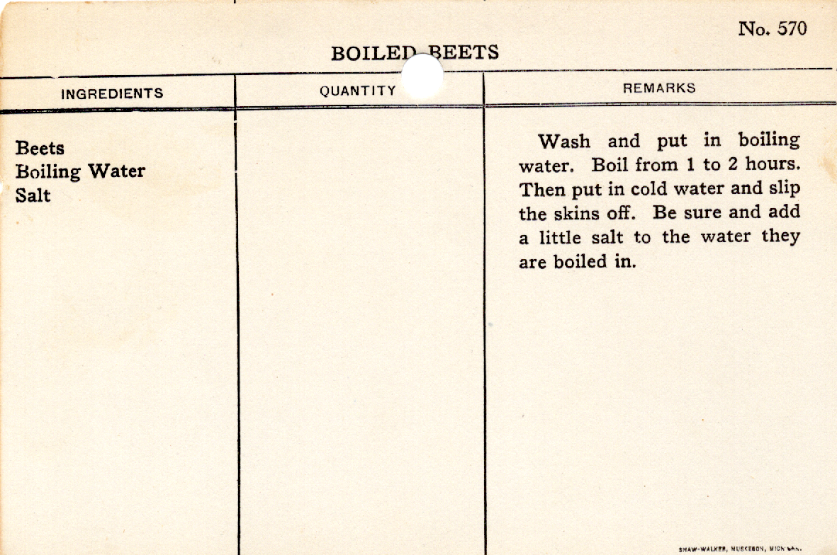 Original recipe card for Boiled Beets