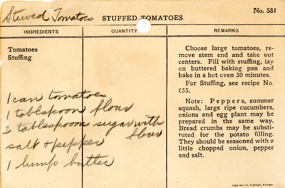 Original recipe card for Stuffed Tomatoes