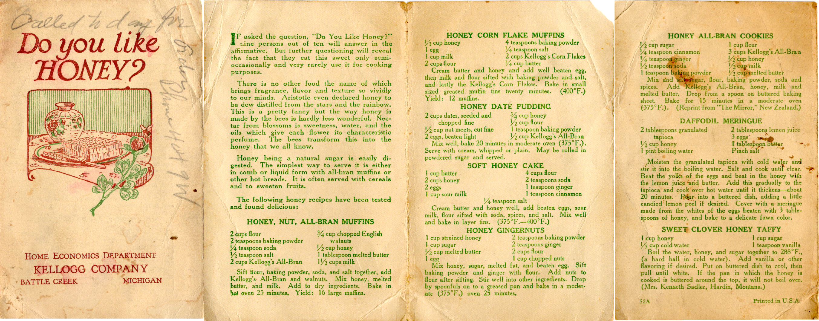 Original recipe card for Honey Date Pudding