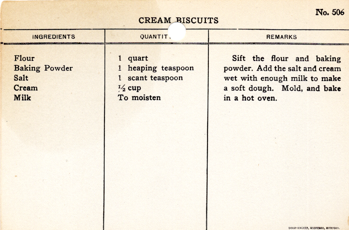 Original recipe card for Cream Biscuits