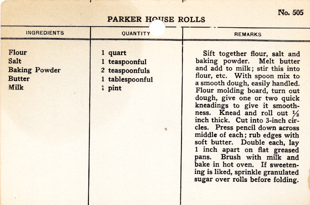 Original recipe card for Parker House Rolls