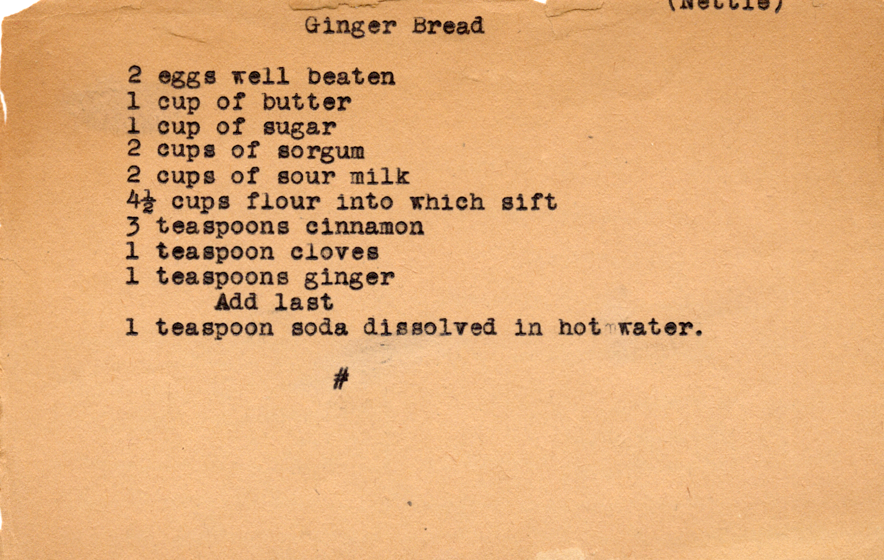 Original recipe card for Ginger Bread