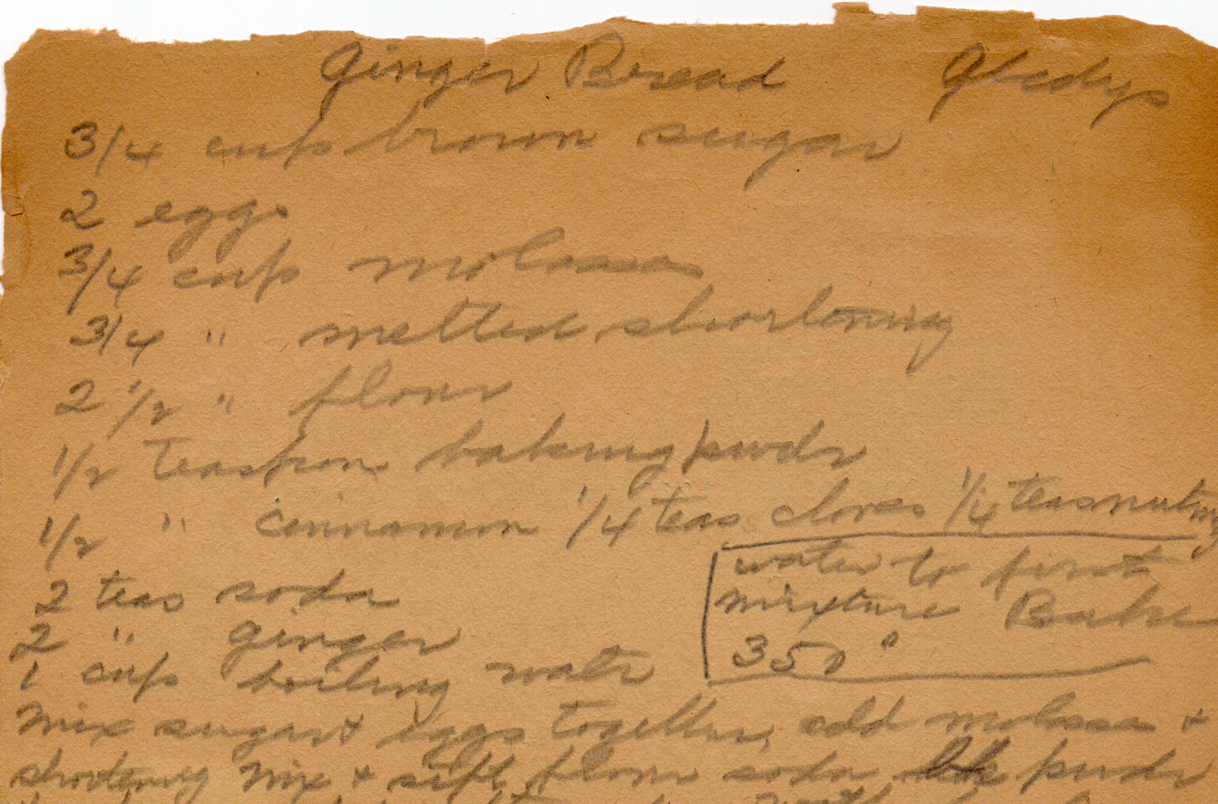 Original recipe card for Ginger Bread