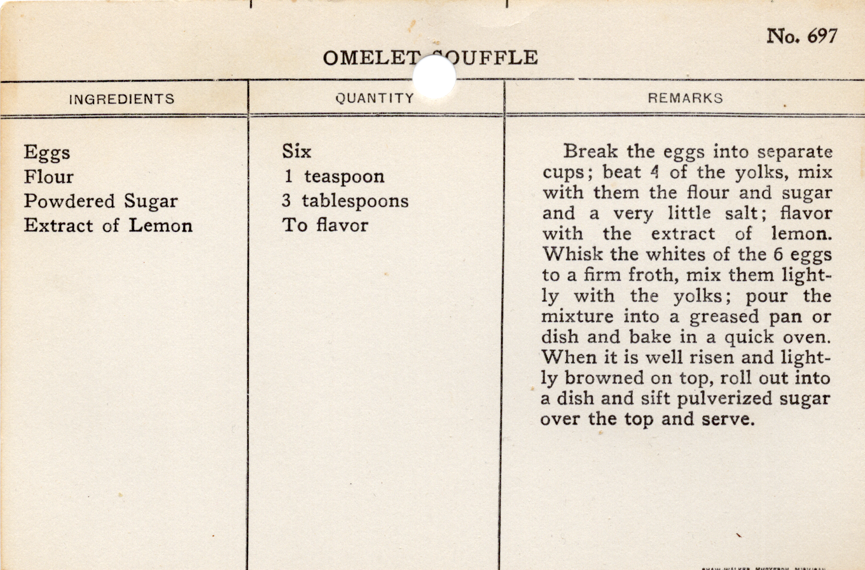 Original recipe card for Omelet Souffle