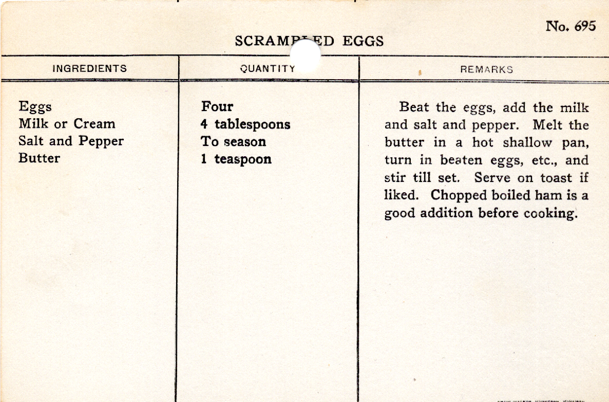 Original recipe card for Scrambled Eggs