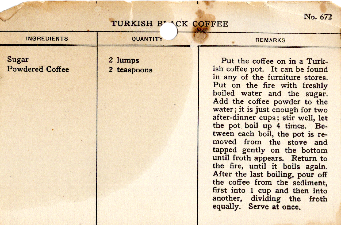Original recipe card for Turkish Black Coffee
