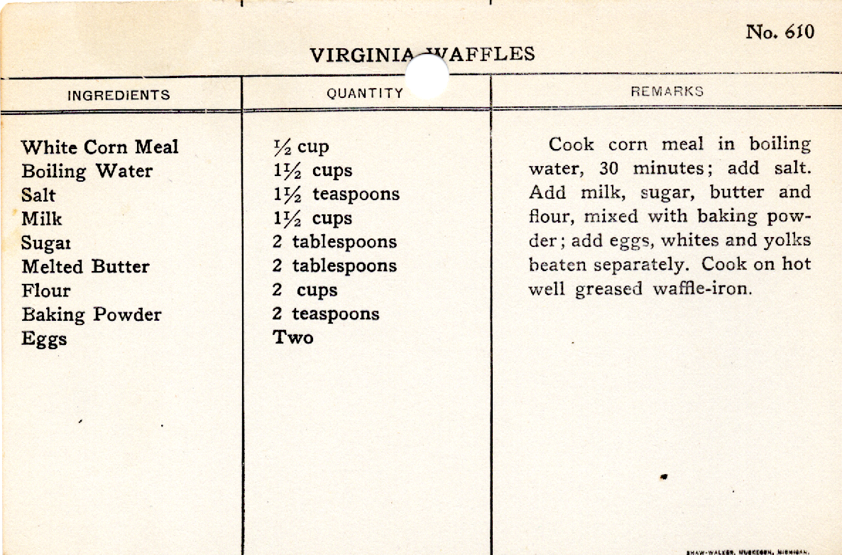 Original recipe card for Virginia Waffles