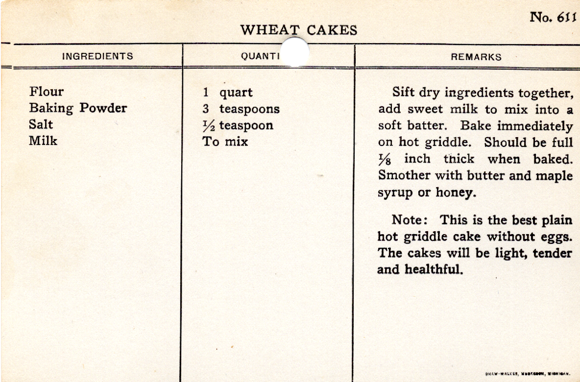 Original recipe card for Wheat Cakes