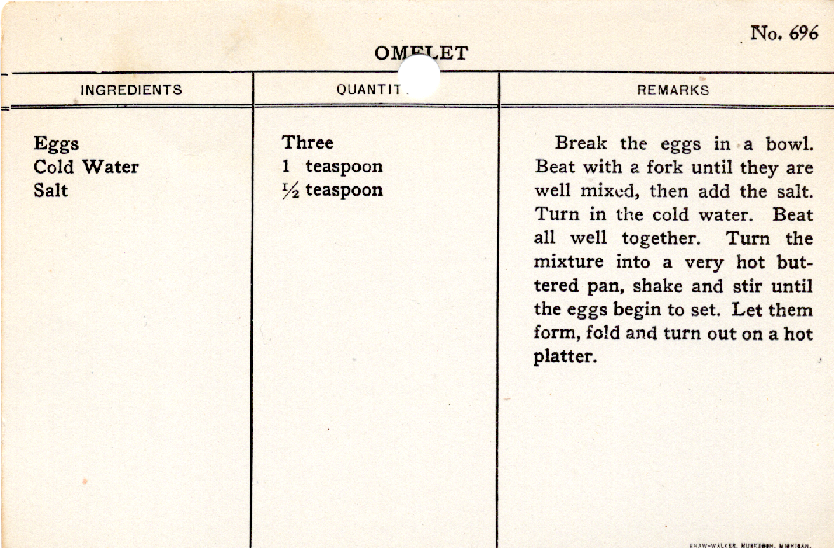 Original recipe card for Omelet