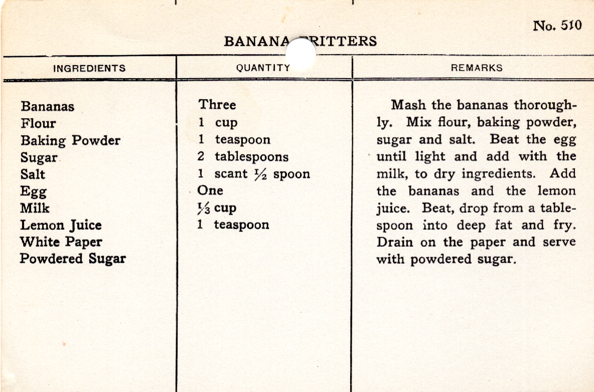 Original recipe card for Banana Fritters