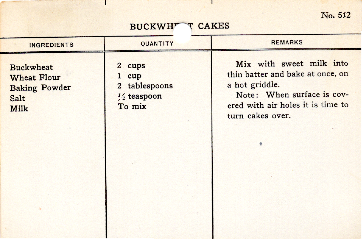 Original recipe card for Buckwheat Cakes