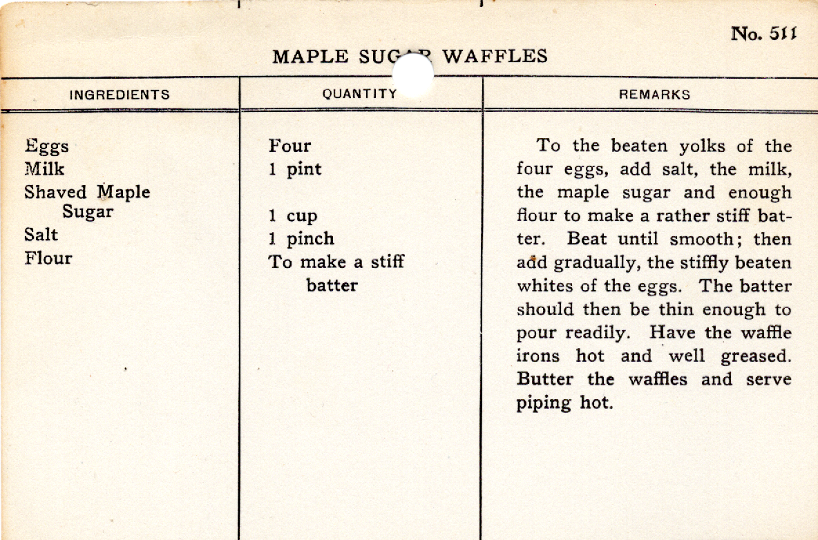 Original recipe card for Maple Sugar Waffles