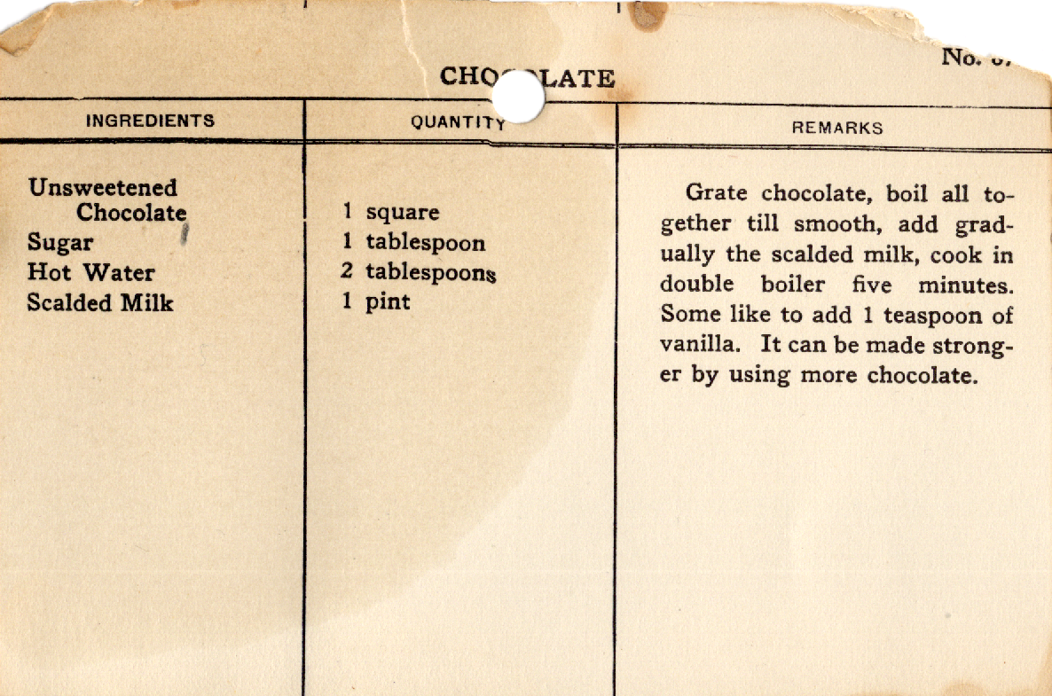 Original recipe card for Chocolate