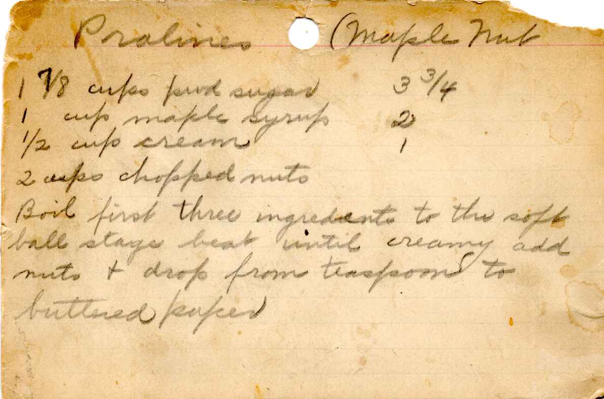 Original recipe card for Pralines (Maple Nut)
