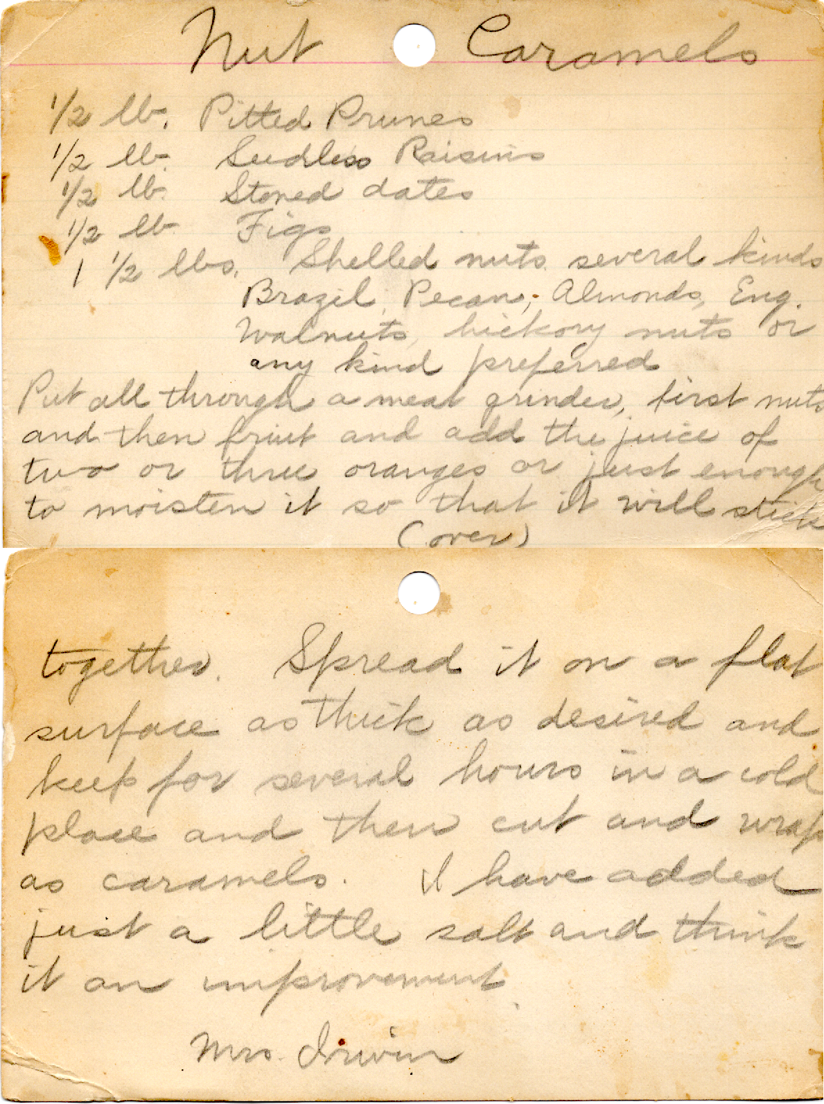 Original recipe card for Nut Caramels