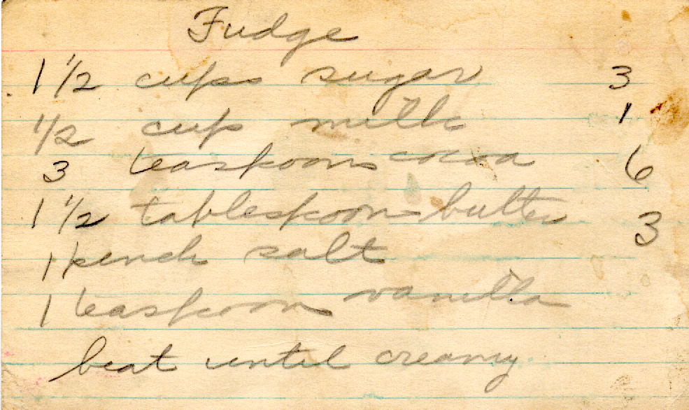 Original recipe card for Fudge