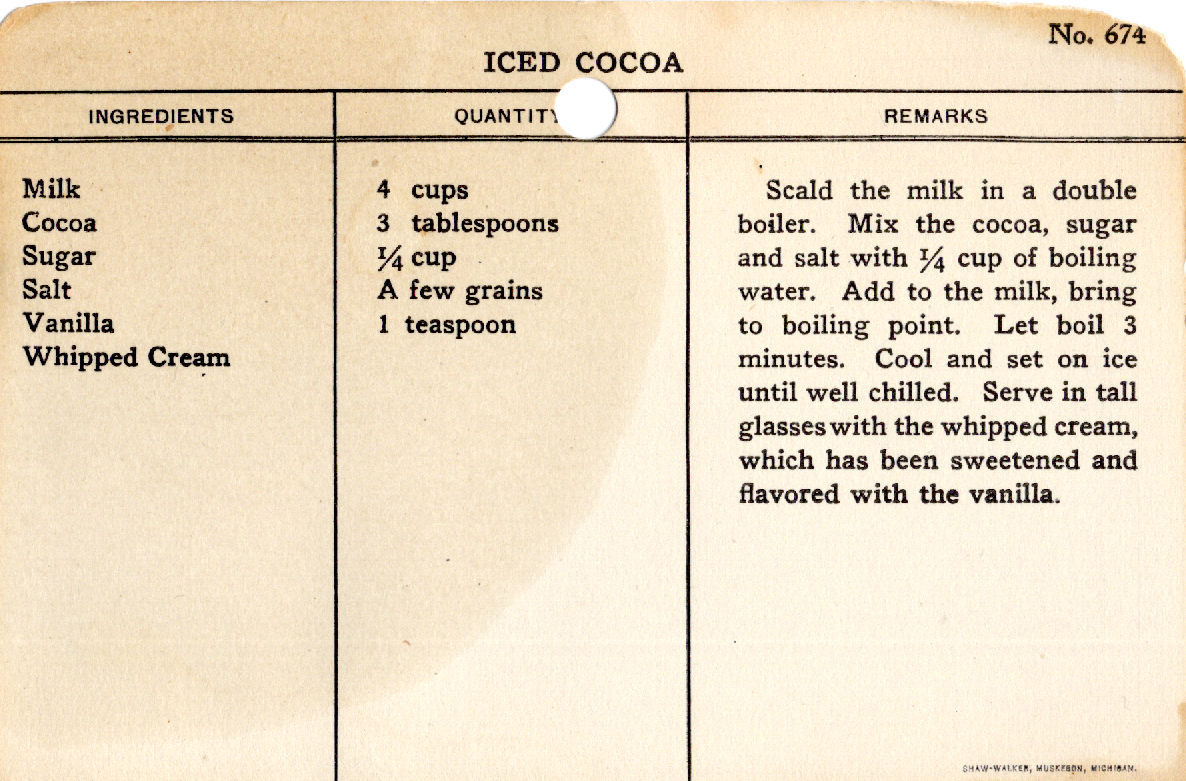 Original recipe card for Iced Cocoa