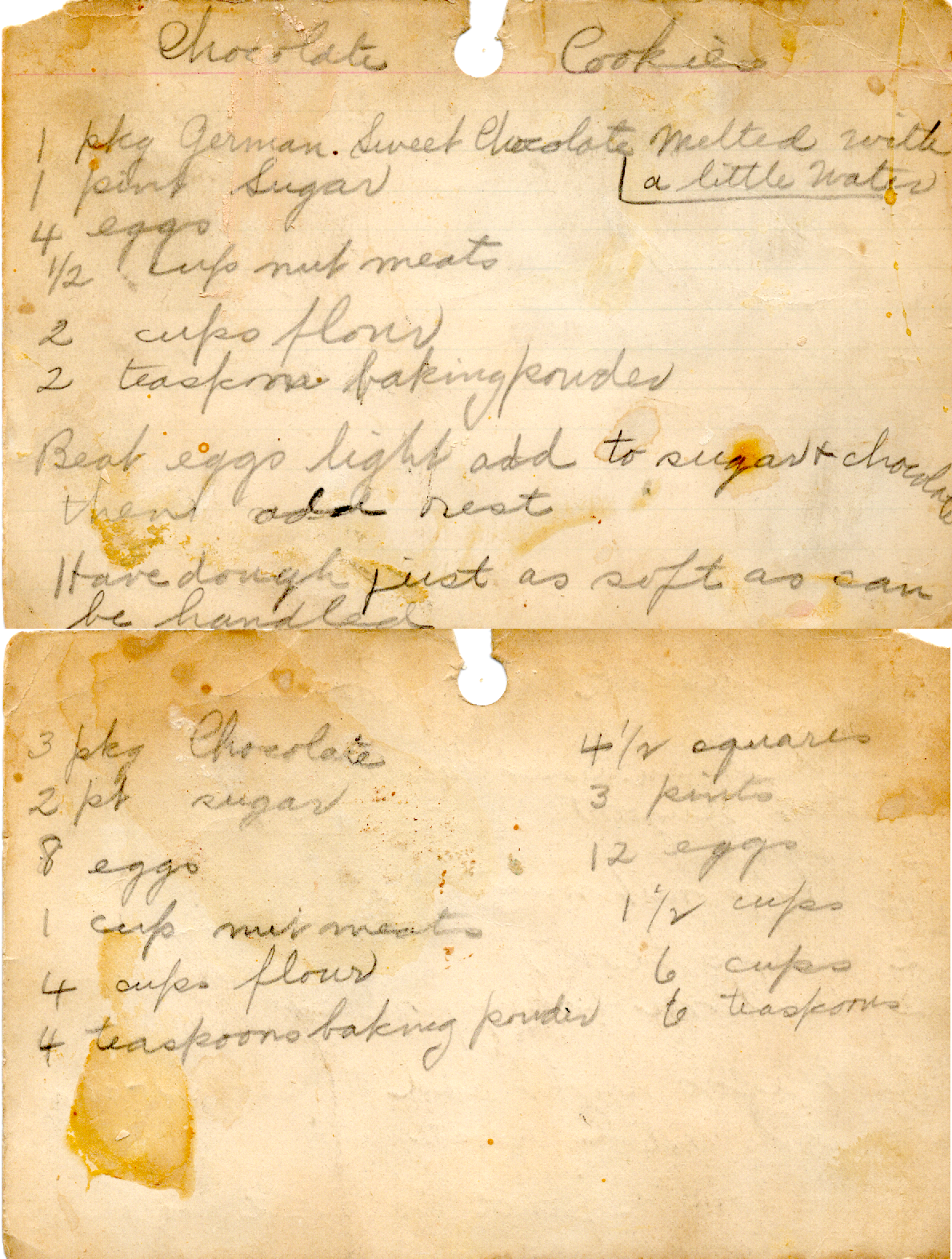 Original recipe card for Chocolate Cookies
