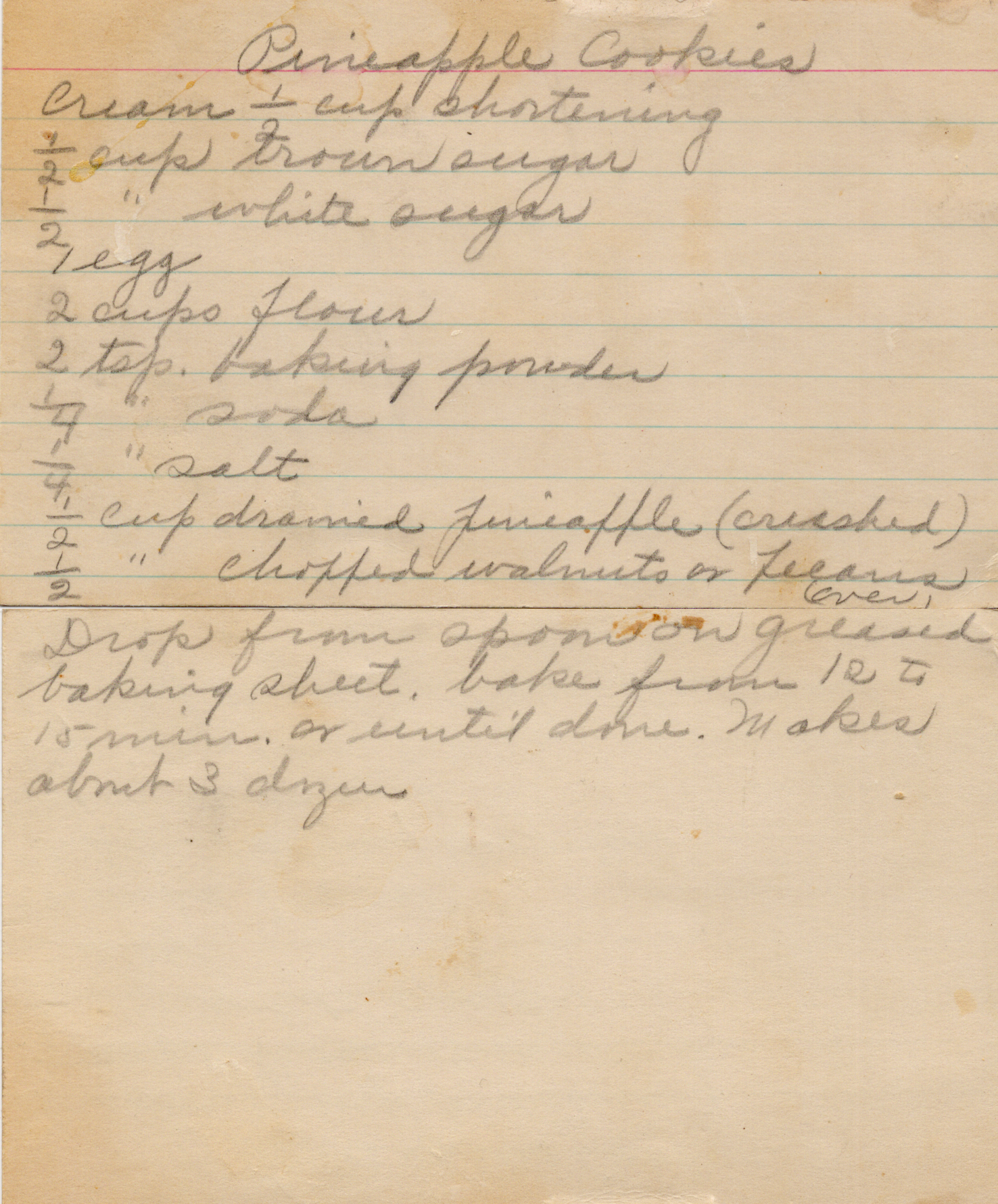 Original recipe card for Pineapple Cookies