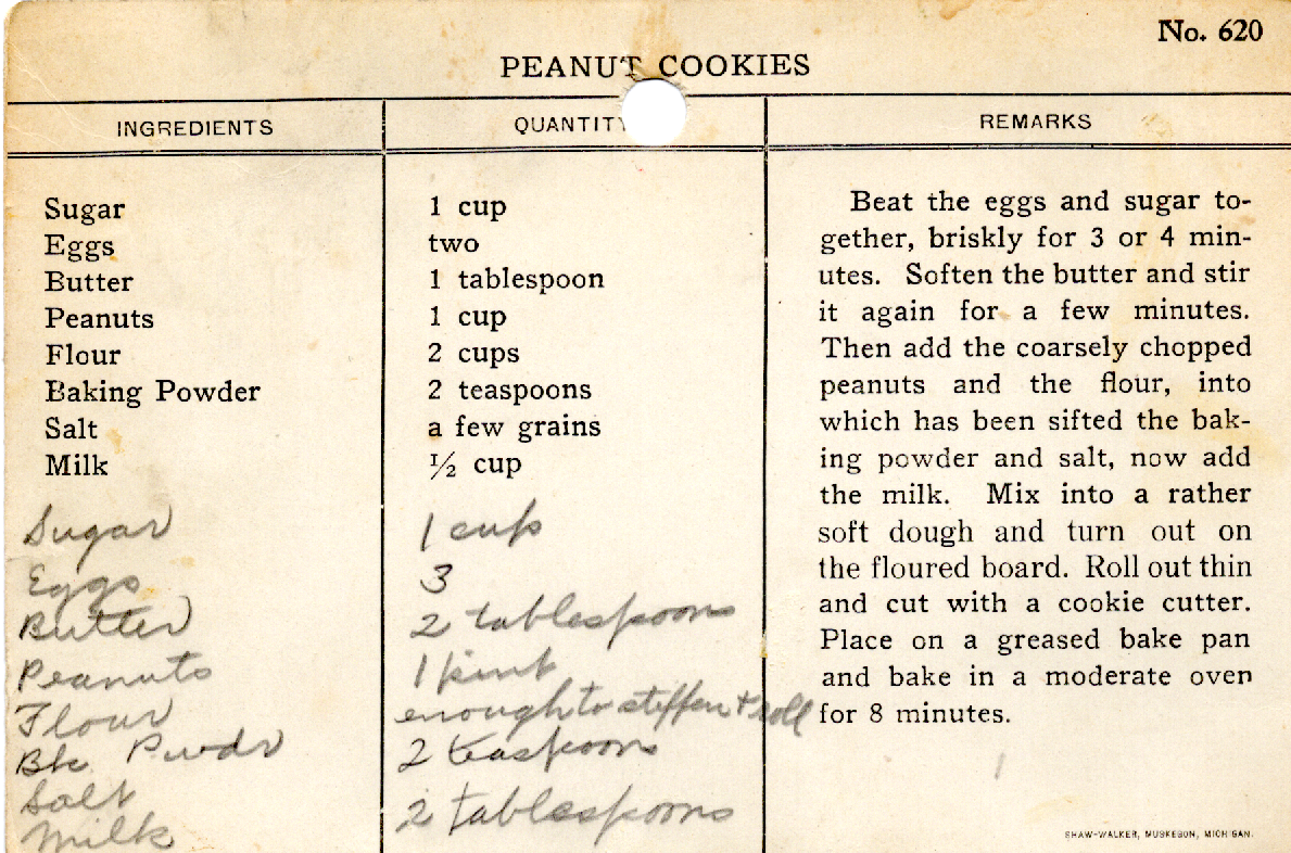 Original recipe card for Peanut Cookies