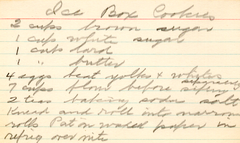Original recipe card for Ice Box Cookies