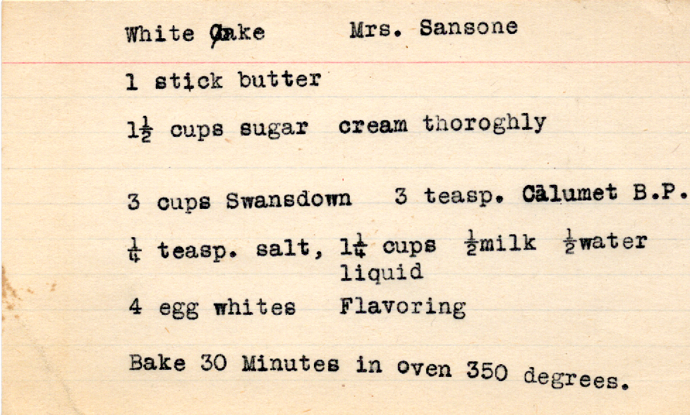 Original recipe card for White Cake
