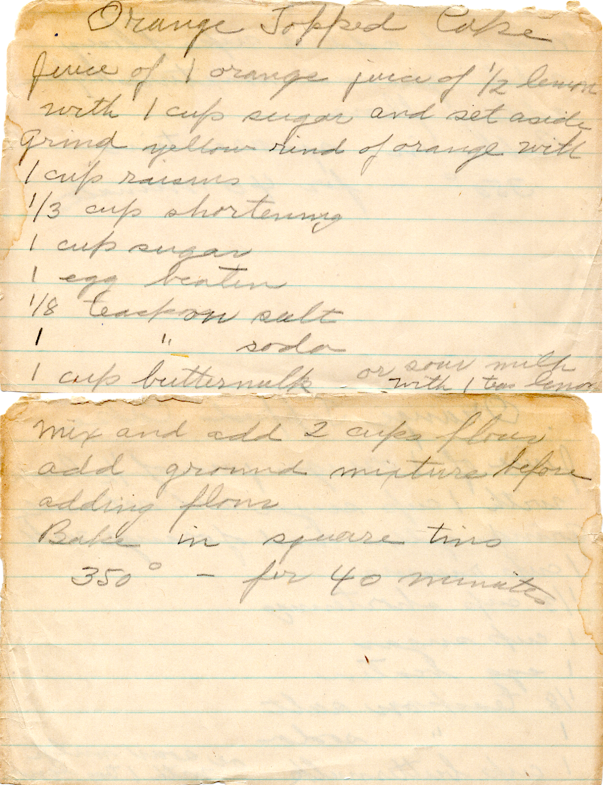 Original recipe card for Orange Topped Cake