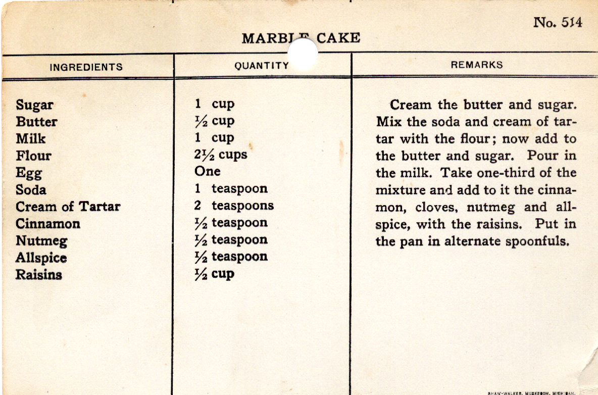 Original recipe card for Marble Cake